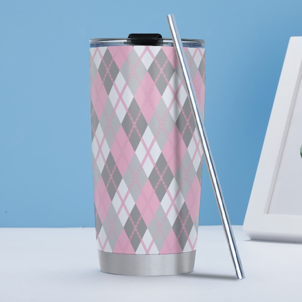 Demigirl Solid Argyle Hot/Cold Tumbler with Steel Straw (20oz )