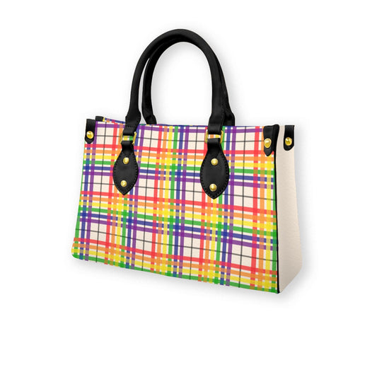 Rainbow/Buttermilk Tartan Plaid Tote Bag with Black Handles and Zippered Pockets