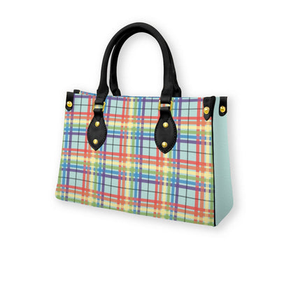 Muted Rainbow/Aqua Tartan Plaid Tote Bag with Black Handles and Zippered Pockets