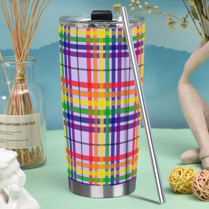 Rainbow/Lilac Tartan Plaid Hot/Cold Tumbler with Steel Straw (20oz )