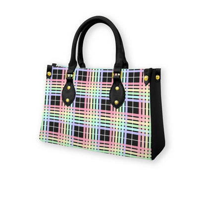 Pastel Rainbow/Black Tartan Plaid Tote Bag with Black Handles and Zippered Pockets