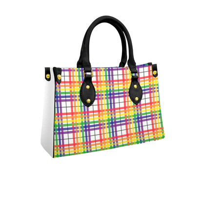 Rainbow/White Tartan Plaid Tote Bag with Black  and Zippered Pockets