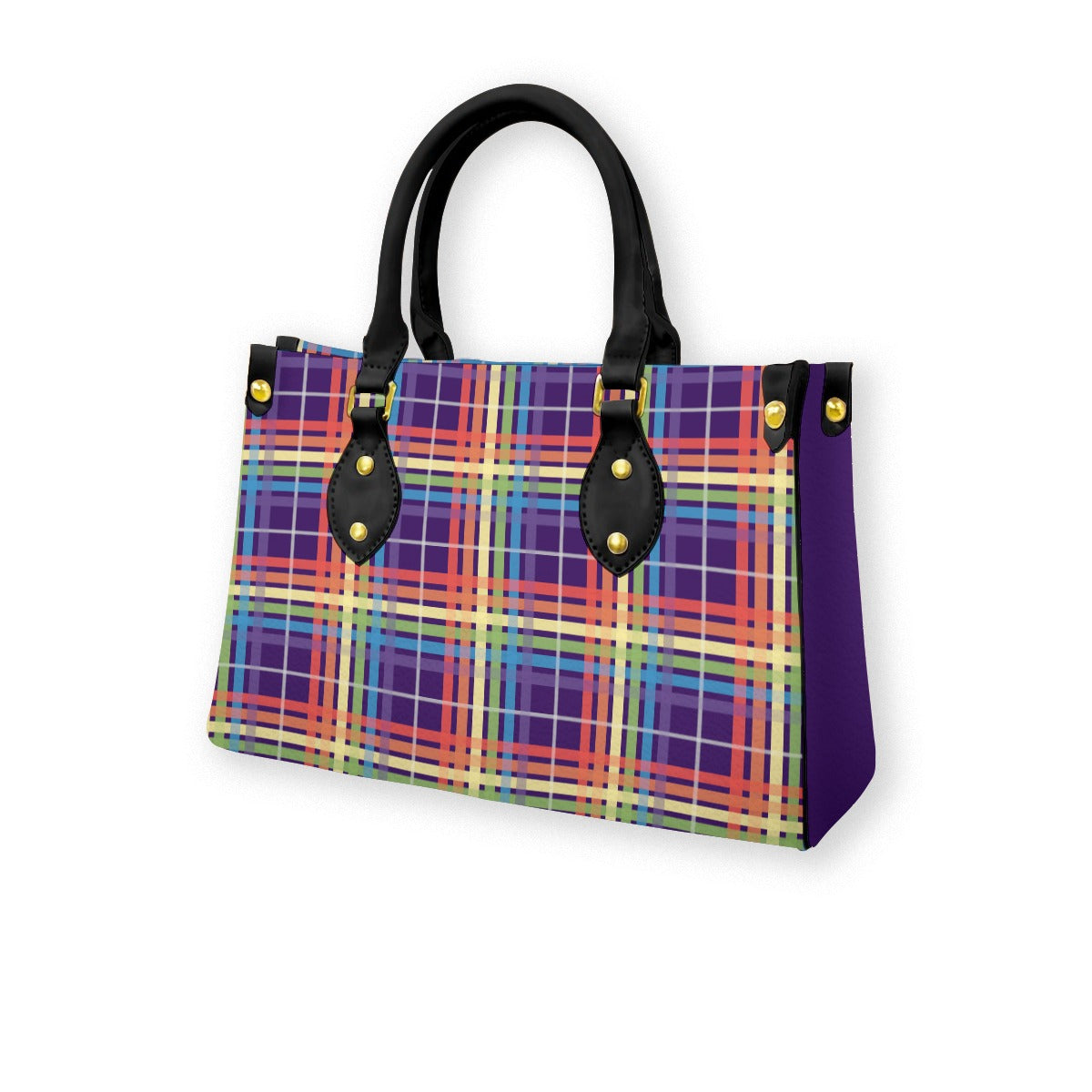 Muted Rainbow/Eggplant Tartan Plaid Tote Bag with Black Handles and Zippered Pockets