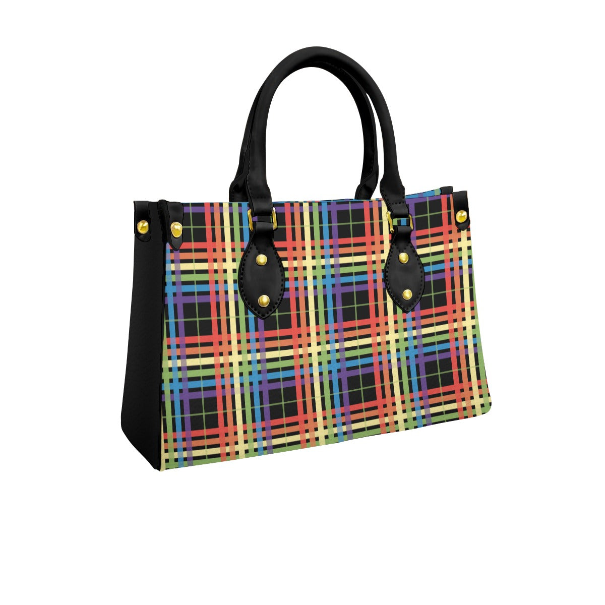 Muted Rainbow/Black Tartan Plaid Tote Bag with Black Handles and Zippered Pockets