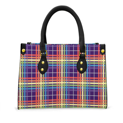 Muted Rainbow/Eggplant Tartan Plaid Tote Bag with Black Handles and Zippered Pockets