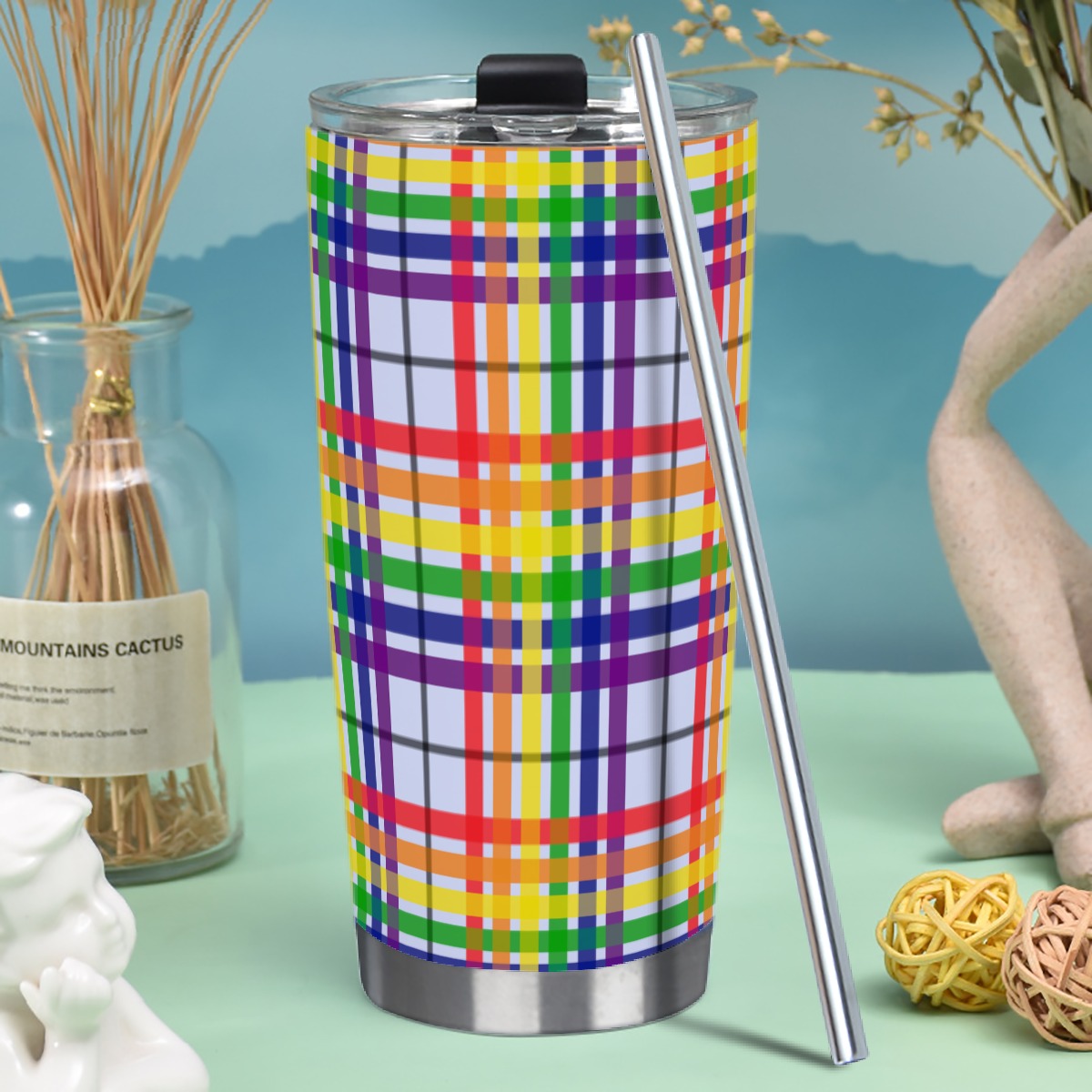 Rainbow/Icy Plains Tartan Plaid Hot/Cold Tumbler with Steel Straw (20oz )