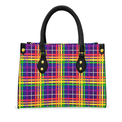 Rainbow/Eggplant Tartan Plaid Tote Bag with Black Handles and Zippered Pockets