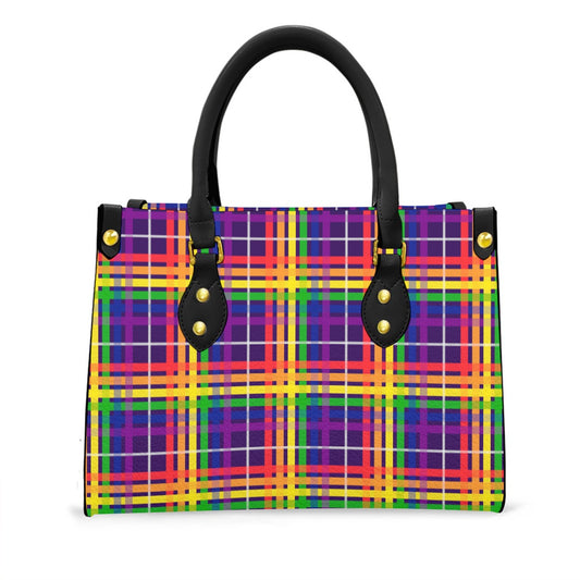 Rainbow/Eggplant Tartan Plaid Tote Bag with Black Handles and Zippered Pockets