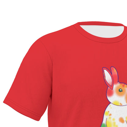 Rainbow Nosy Neighbour Bunny with Red Background Relaxed Fit O-Neck T-Shirt