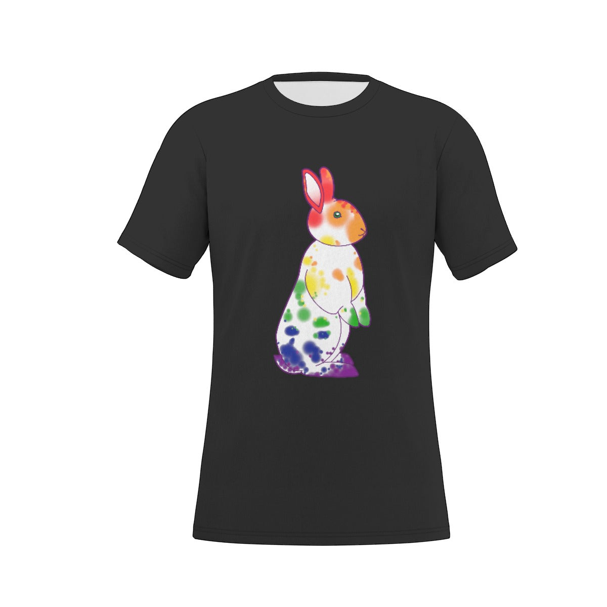 Rainbow Nosy Neighbour Bunny with Black Background Relaxed Fit O-Neck T-Shirt