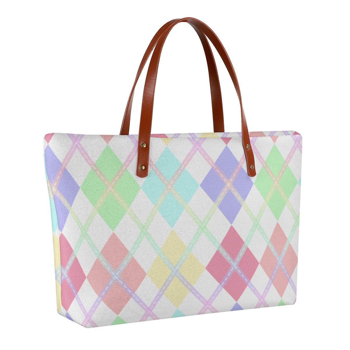 Pastel Rainbow/ White Solid Argyle Zippered Neoprene Tote Bag