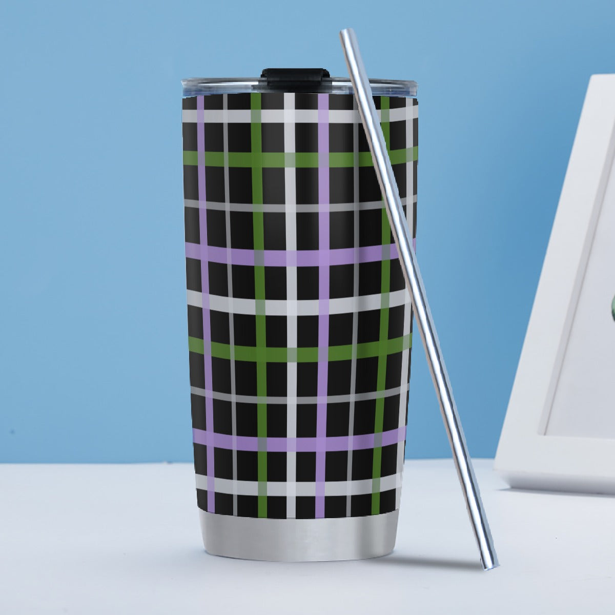 Genderqueer/Black Tartan Plaid Hot/Cold Tumbler with Steel Straw (20oz )