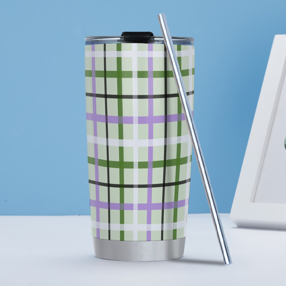 Genderqueer/Celadon Tartan Plaid Hot/Cold Tumbler with Steel Straw (20oz )