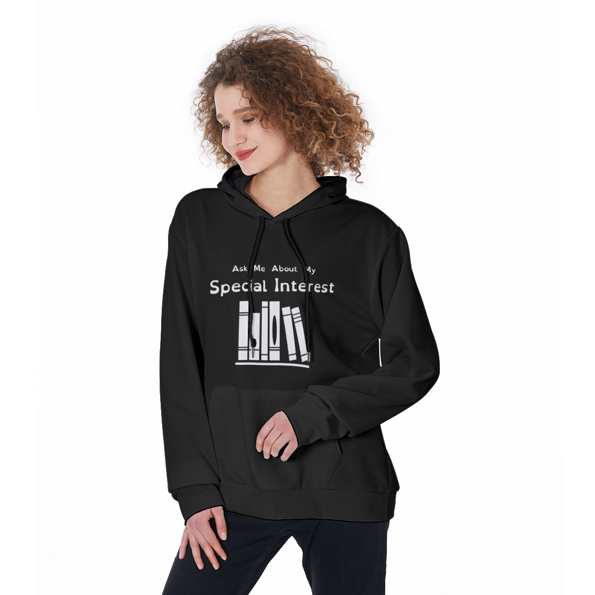 Fair skinned, fem-presenting model with curly hair wearing a black hoodie with white logo and text. Text: Ask Me About My Special Interest. Logo, below: 6 Stylized books on a shelf.