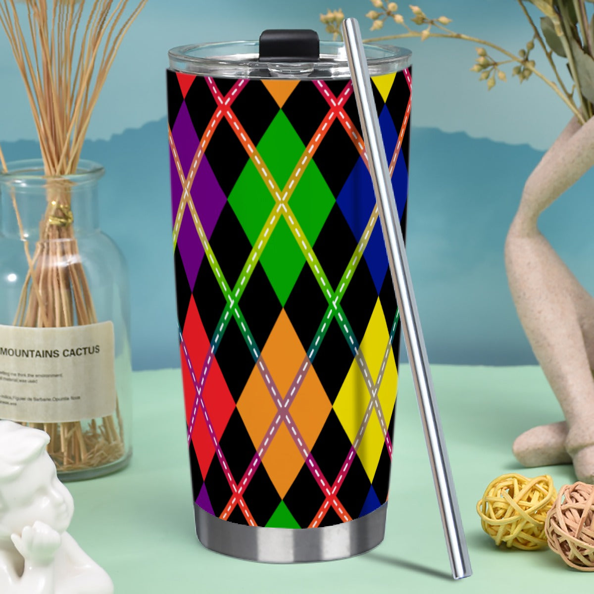 Rainbow Argyle with Gradient Lines Hot/Cold Tumbler with Steel Straw (20oz )