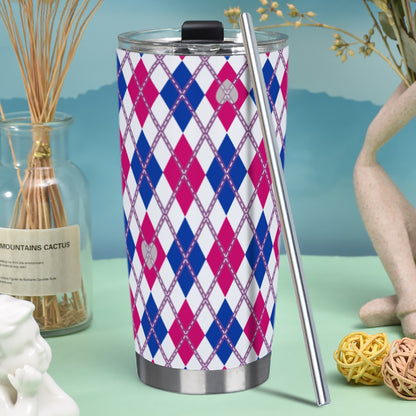 Biromantic - V1/White Argyle Hot/Cold Tumbler with Steel Straw (20oz )