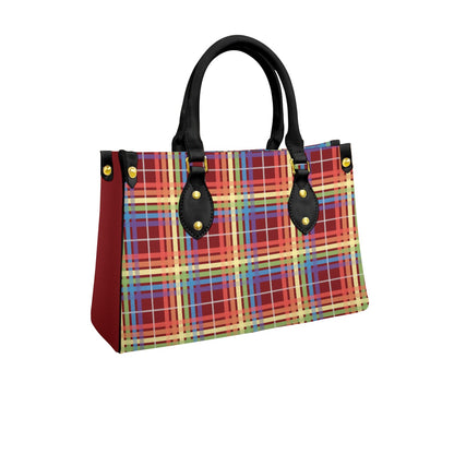 Muted Rainbow/Japanese Maple Tartan Plaid Tote Bag with Black Handles and Zippered Pockets