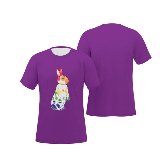 Rainbow Nosy Neighbour Bunny with Purple Background Relaxed Fit O-Neck T-Shirt