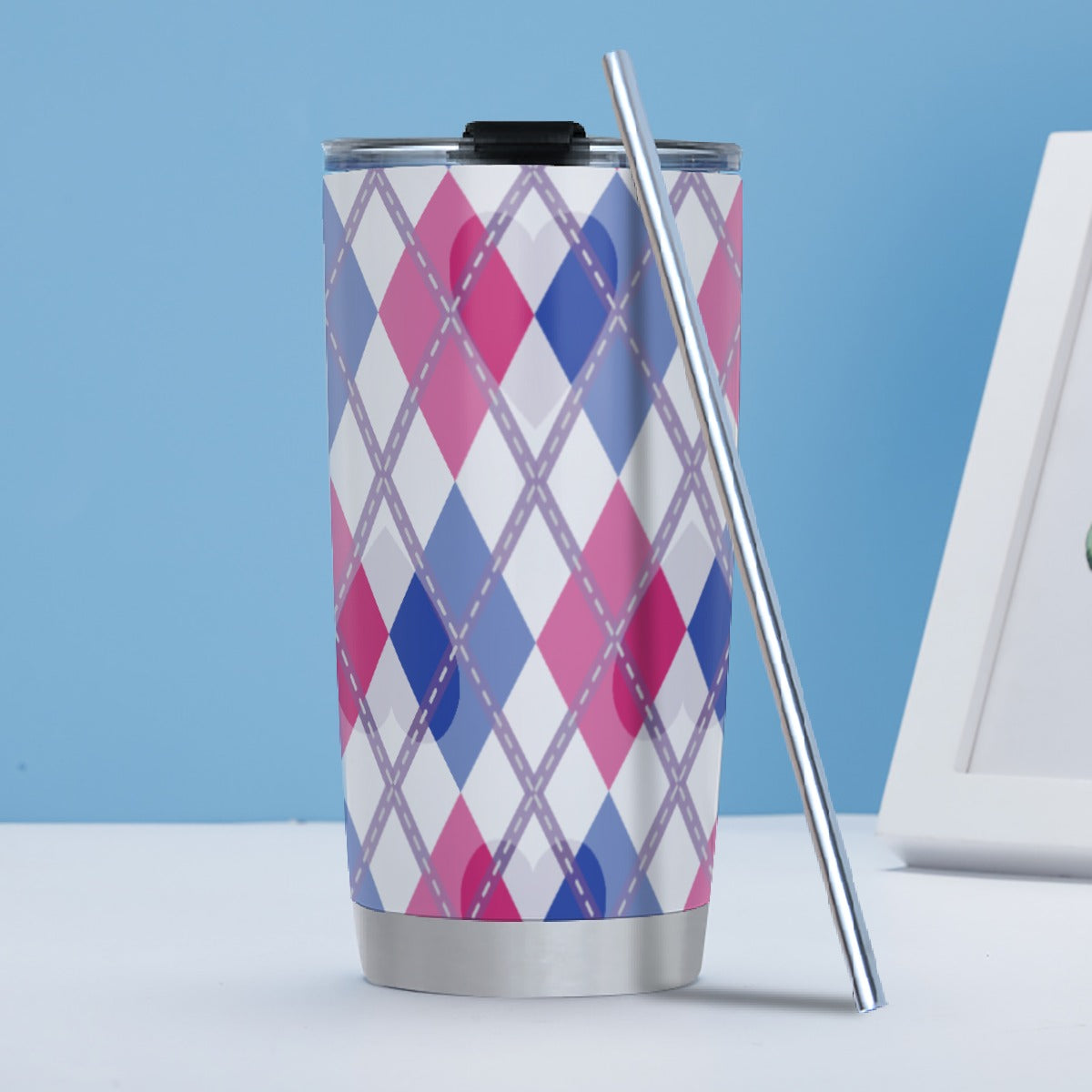 Biromantic - V2/White Argyle Hot/Cold Tumbler with Steel Straw (20oz )