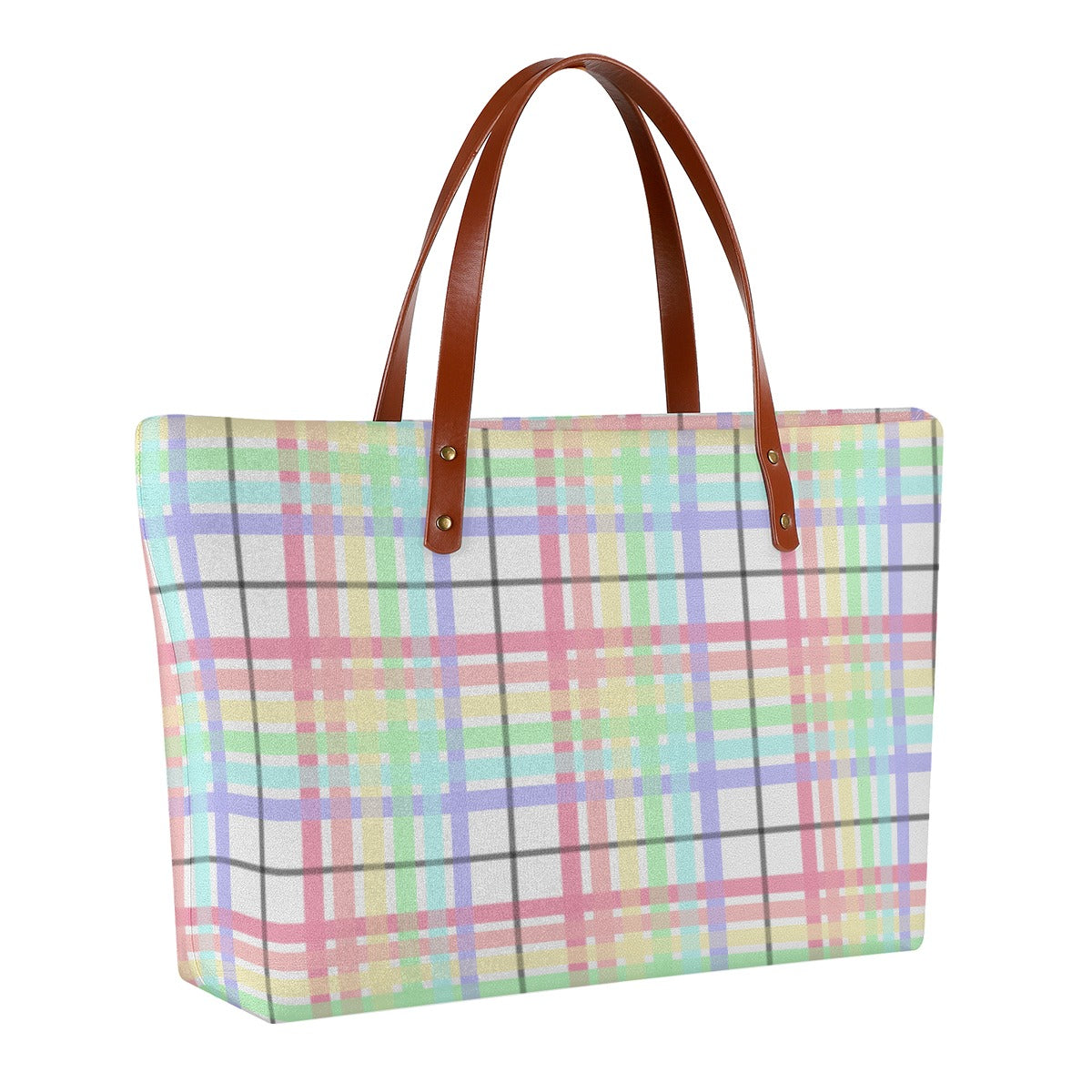 Pastel Rainbow/White Tartan Plaid Zippered Neoprene Tote Bag
