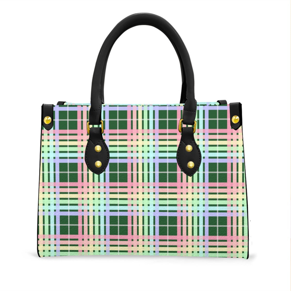 Pastel Rainbow/Pine Tartan Plaid Tote Bag with Black Handles and Zippered Pockets