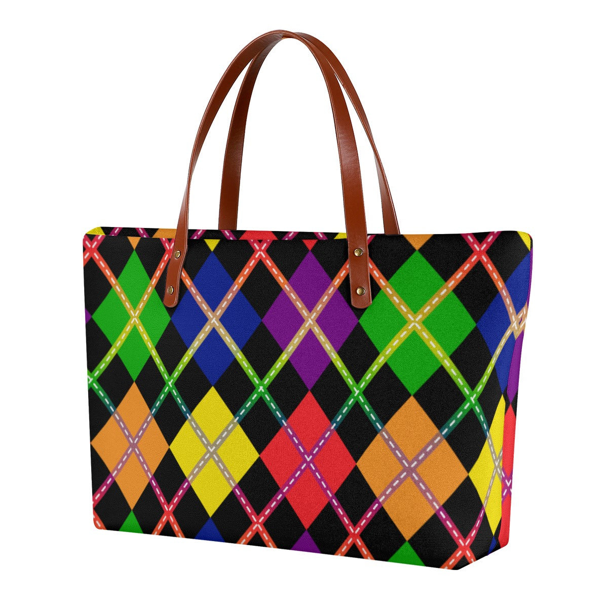 Rainbow/Black Solid Argyle Zippered Neoprene Tote Bag