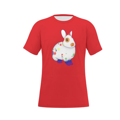 Rainbow Spotted Bunny with Red Background Relaxed Fit O-Neck T-Shirt
