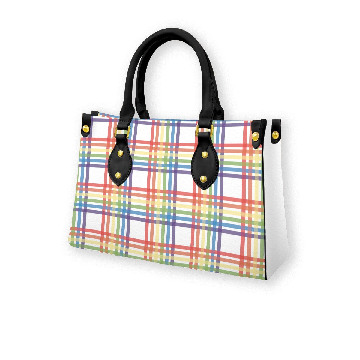 Muted Rainbow/White Tartan Plaid Tote Bag with Black Handles and Zippered Pockets