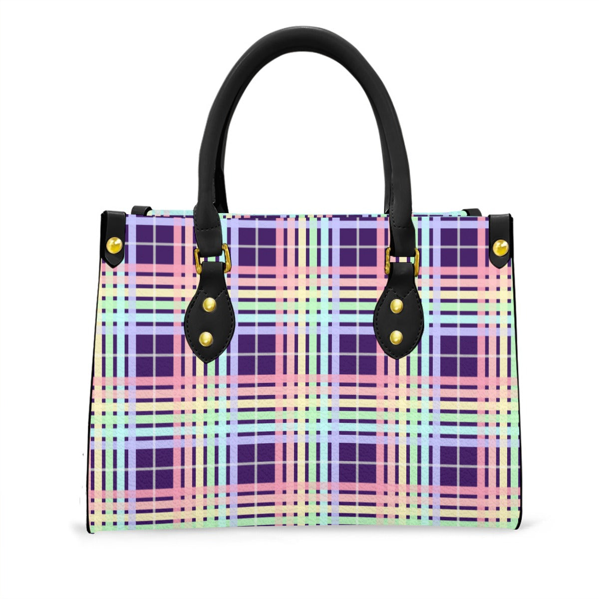 Pastel Rainbow/Eggplant Tartan Plaid Tote Bag with Black Handles and Zippered Pockets