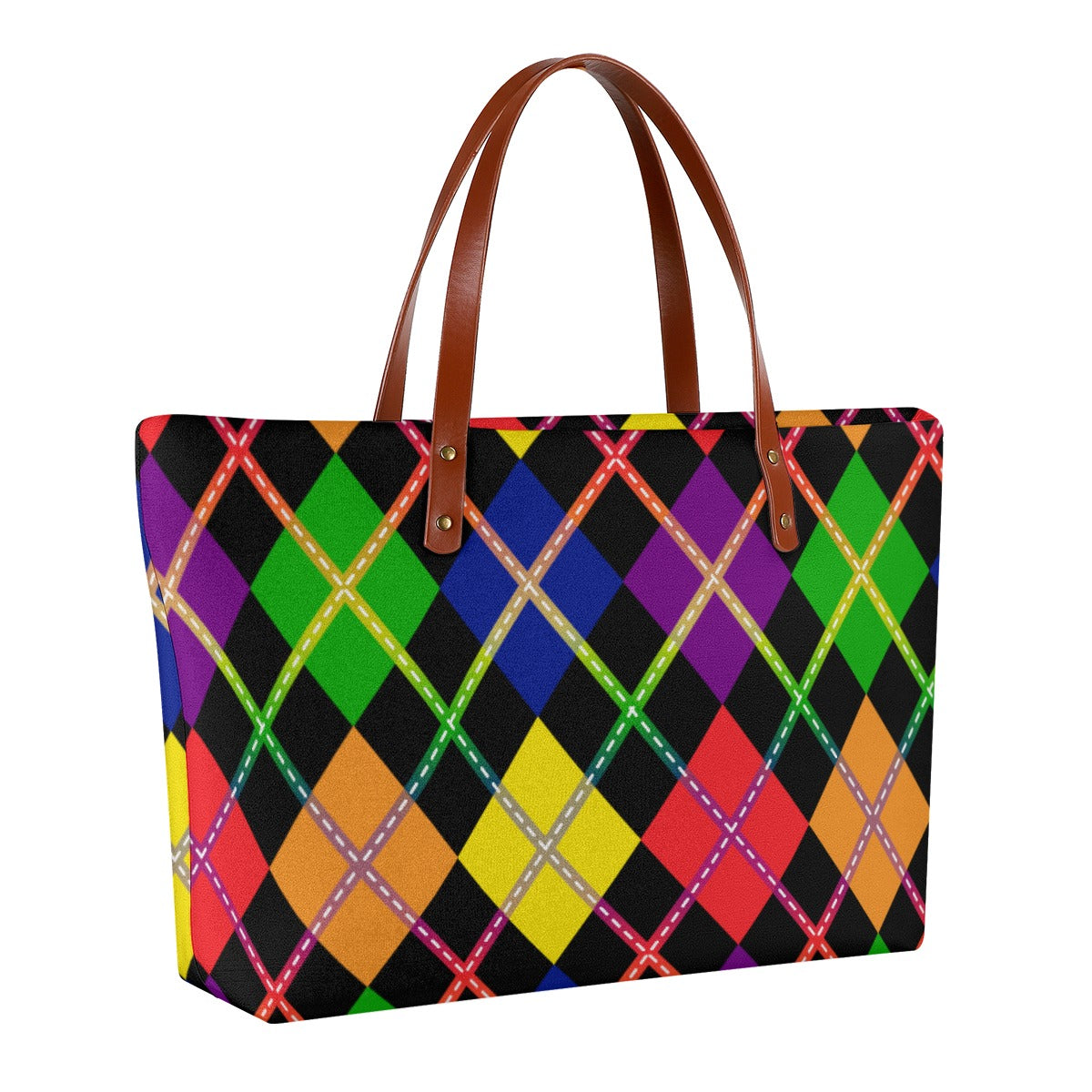 Rainbow/Black Solid Argyle Zippered Neoprene Tote Bag