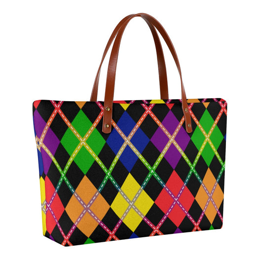 Rainbow/Black Solid Argyle Zippered Neoprene Tote Bag