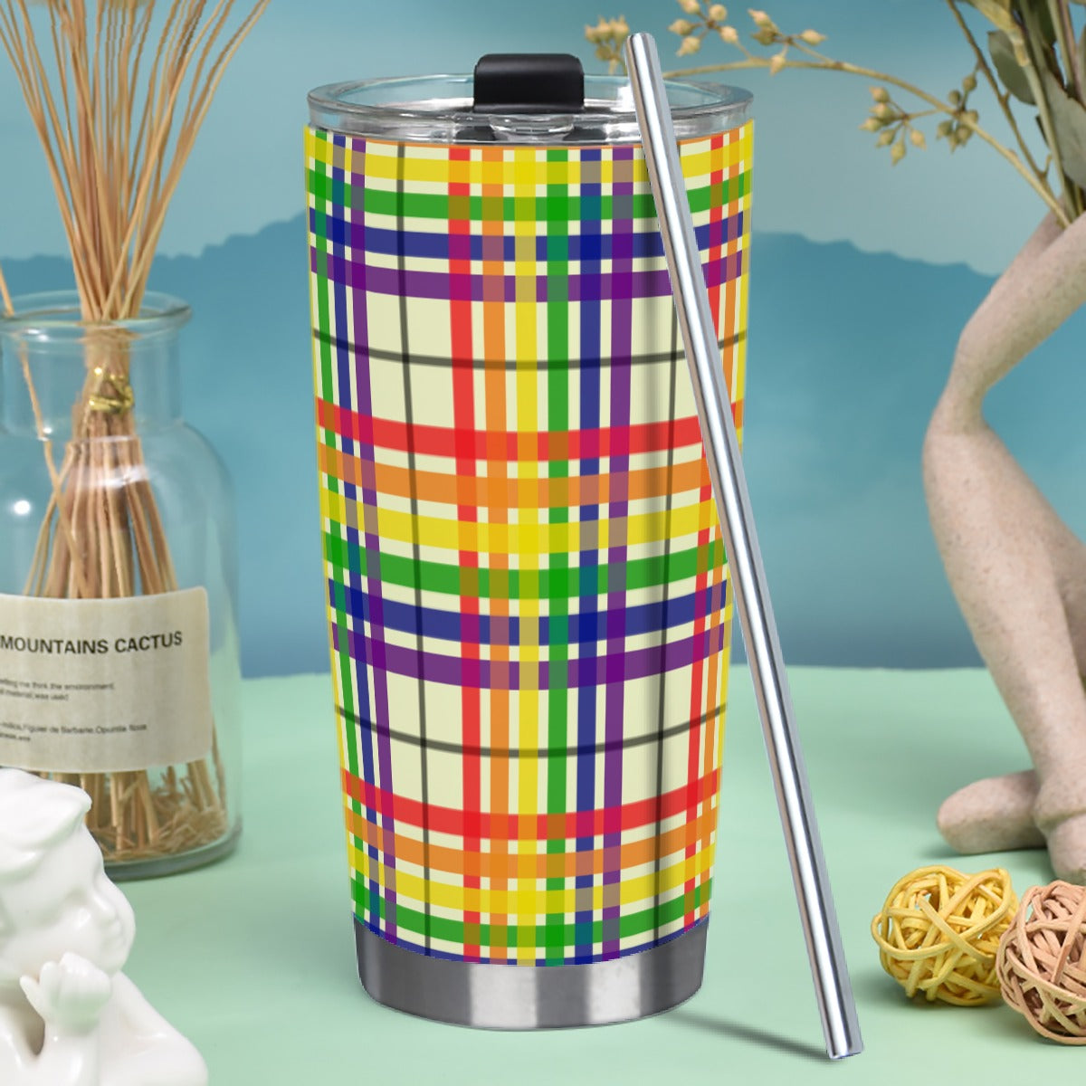 Rainbow/Lemon Chiffon Tartan Plaid Hot/Cold Tumbler with Steel Straw (20oz )