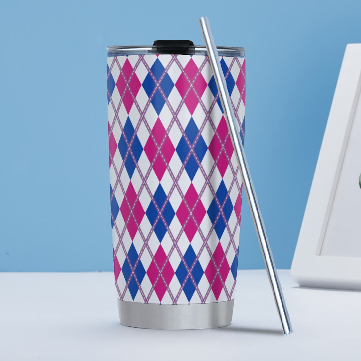 Bisexual/White Argyle Hot/Cold Tumbler with Steel Straw (20oz )