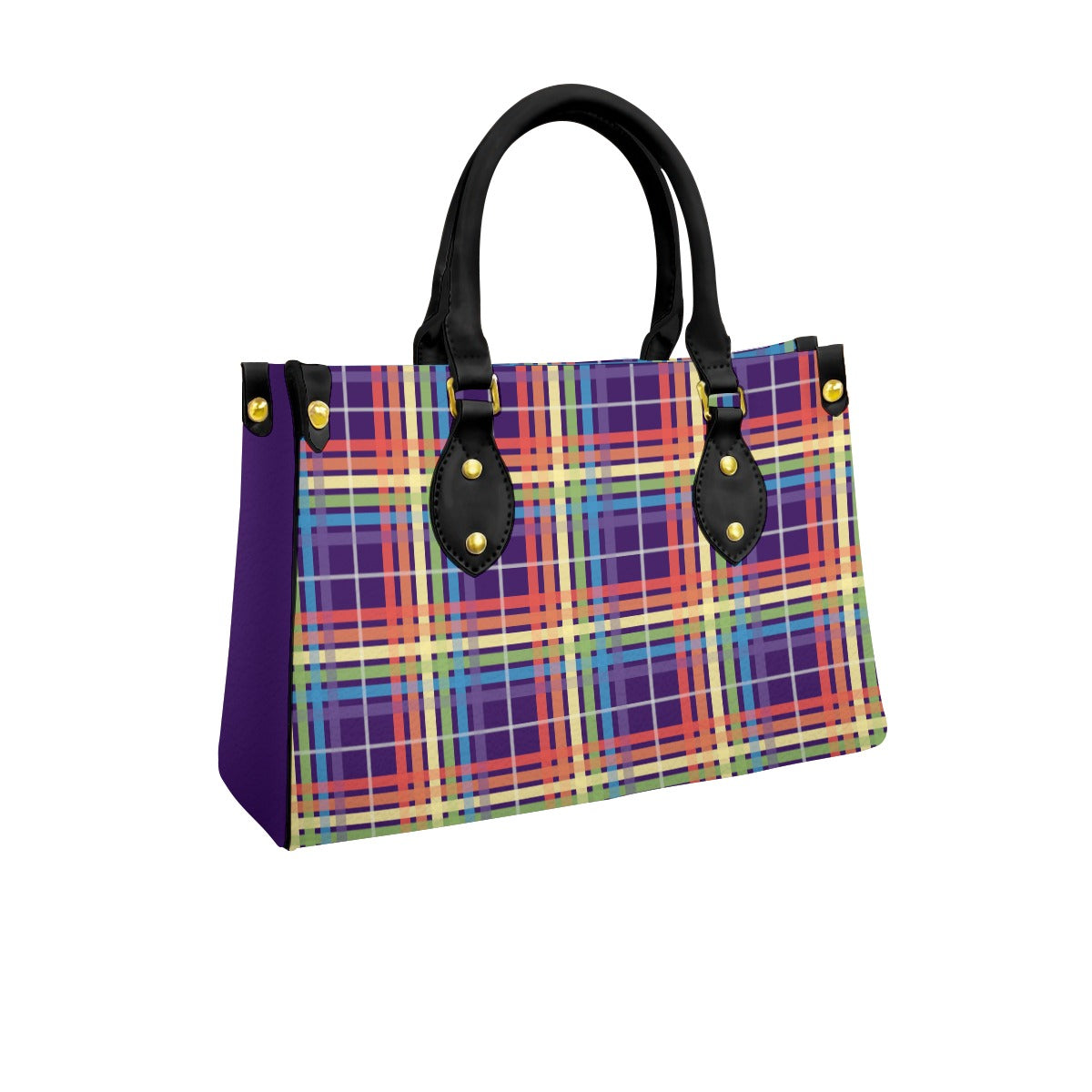 Muted Rainbow/Eggplant Tartan Plaid Tote Bag with Black Handles and Zippered Pockets