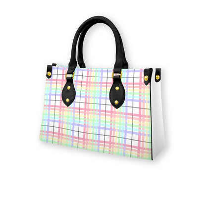 Pastel Rainbow/White Tartan Plaid Tote Bag with Black Handles and Zippered Pockets