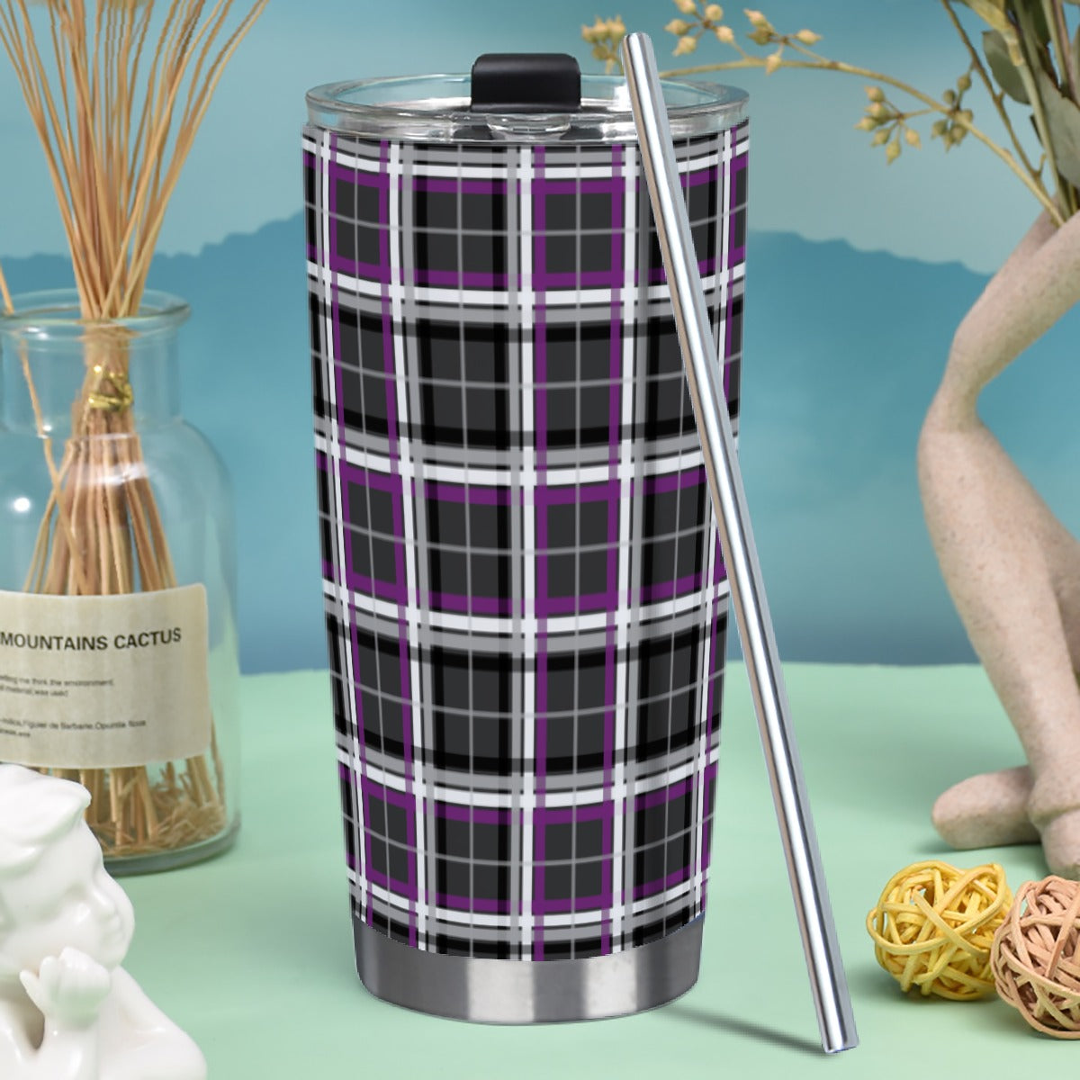 Asexual/Charcoal Tartan Plaid Hot/Cold Tumbler with Steel Straw (20oz )