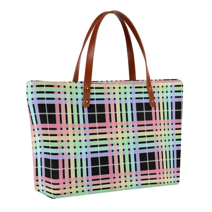 Pastel Rainbow/Black Tartan Plaid Zippered Neoprene Tote Bag