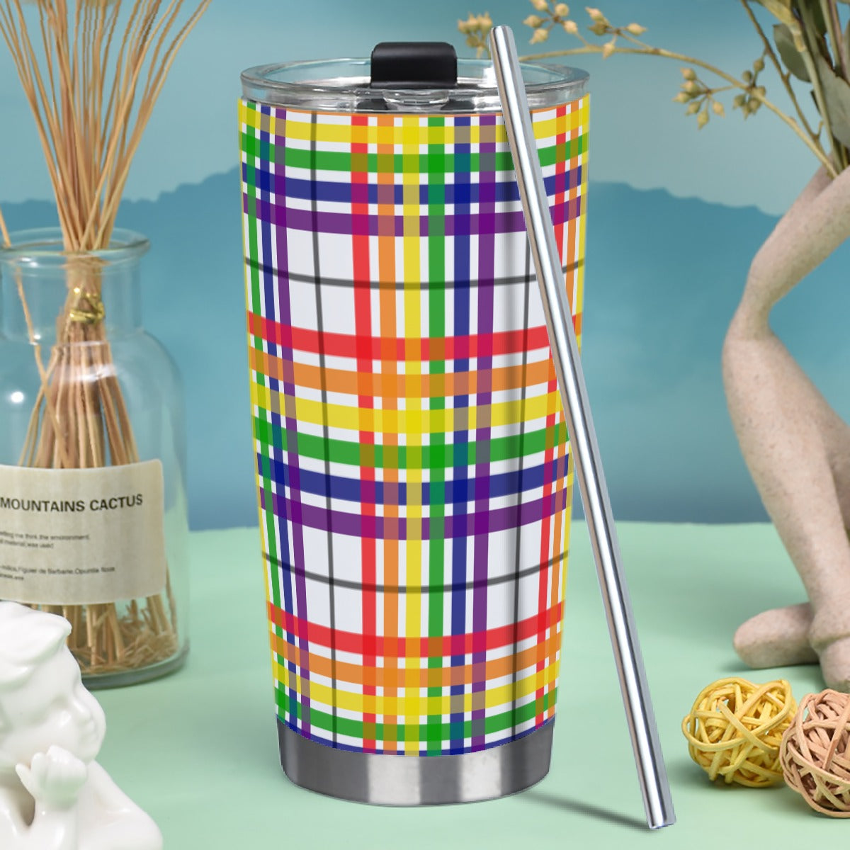 Rainbow/White Tartan Plaid Hot/Cold Tumbler with Steel Straw (20oz )