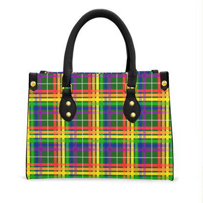 Rainbow/Myrtle Tartan Plaid Tote Bag with Black Handles and Zippered Pockets