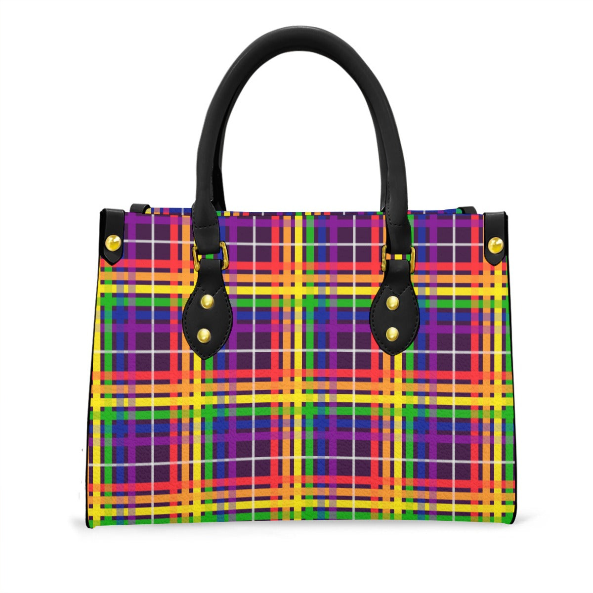 Rainbow/Eggplant Tartan Plaid Tote Bag with Black Handles and Zippered Pockets