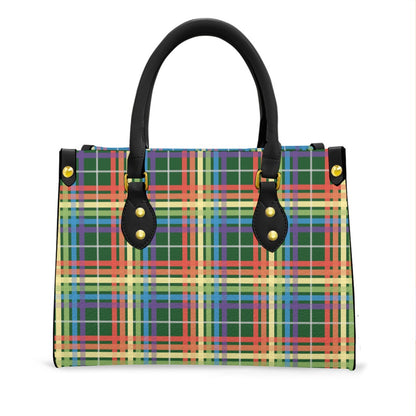 Muted Rainbow/Pine Tartan Plaid Tote Bag with Black Handles and Zippered Pockets