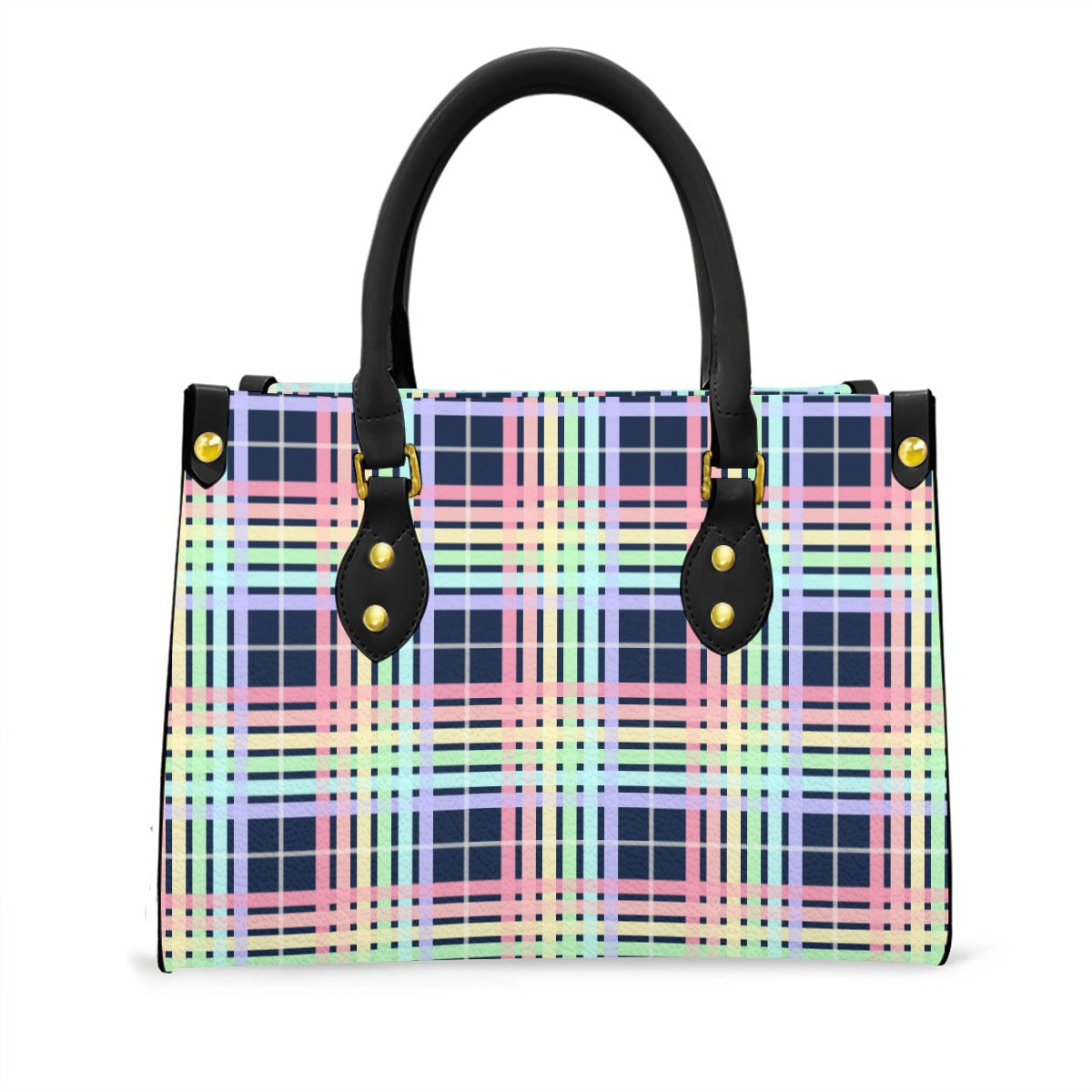 Pastel Rainbow/Navy Tartan Plaid Tote Bag with Black Handles and Zippered Pockets