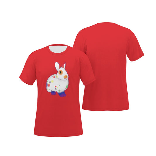 Rainbow Spotted Bunny with Red Background Relaxed Fit O-Neck T-Shirt