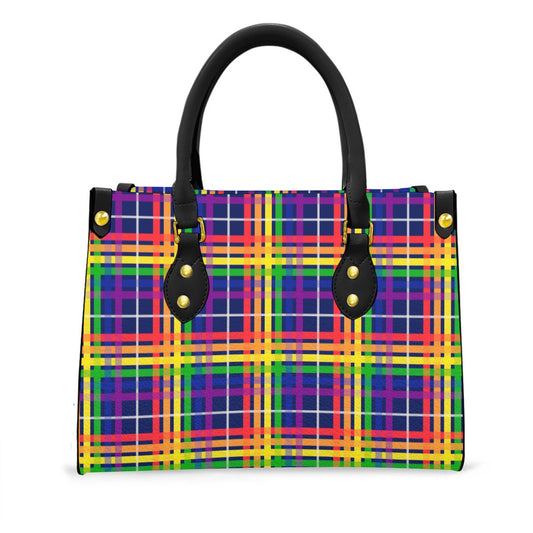 Rainbow/Interstellar Tartan Plaid Tote Bag with Black Handles and Zippered Pockets