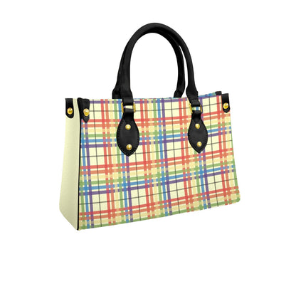 Muted Rainbow/Lemon Chiffon Tartan Plaid Tote Bag with Black Handles and Zippered Pockets