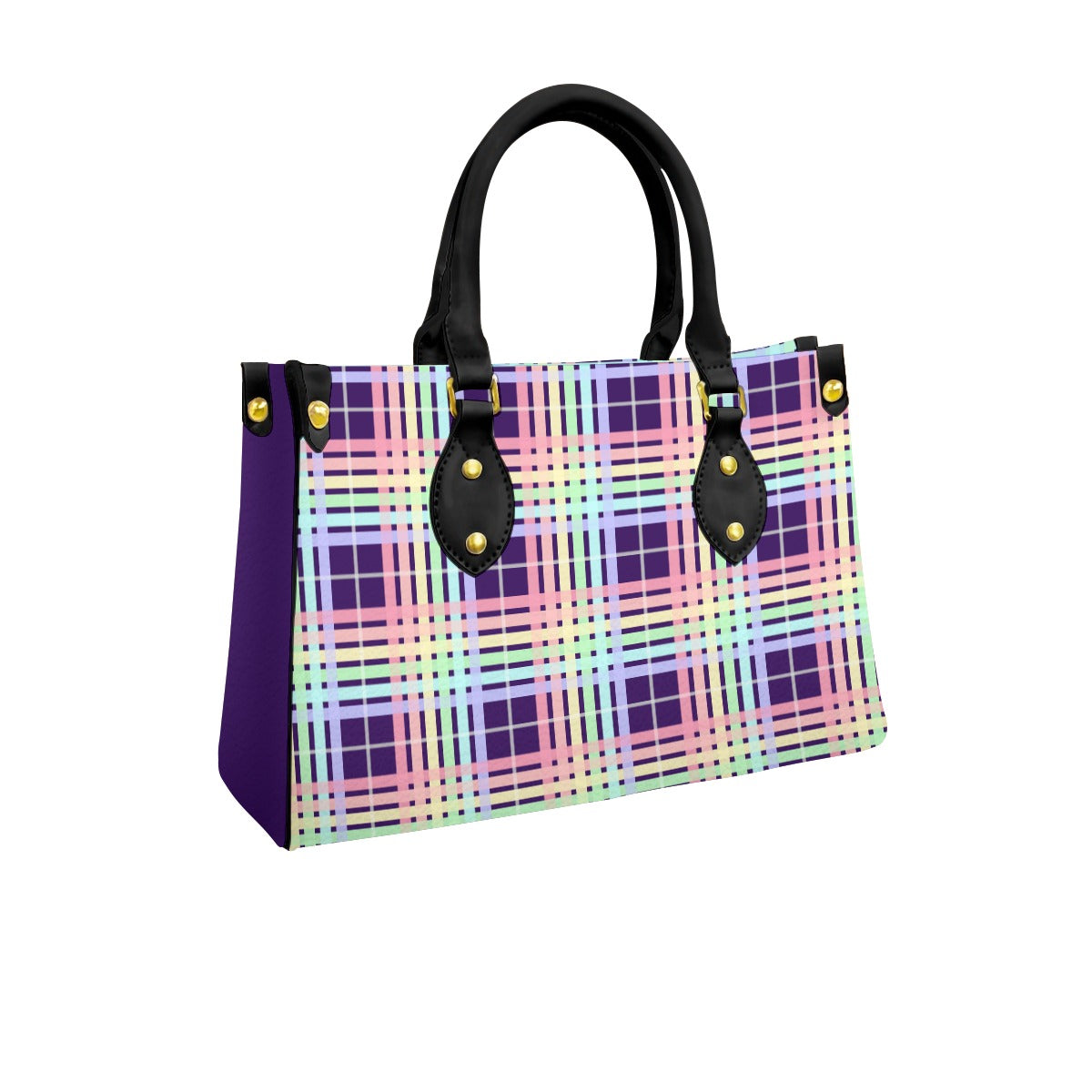 Pastel Rainbow/Eggplant Tartan Plaid Tote Bag with Black Handles and Zippered Pockets