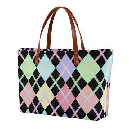 Pastel Rainbow/Black Solid Argyle Zippered Neoprene Tote Bag