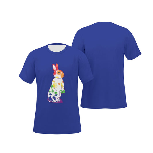 Rainbow Nosy Neighbour Bunny with Blue Background Relaxed Fit O-Neck T-Shirt