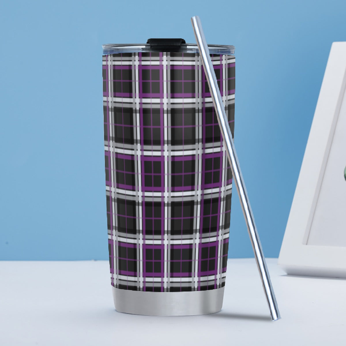 Asexual/Black Tartan Plaid Hot/Cold Tumbler with Steel Straw (20oz )