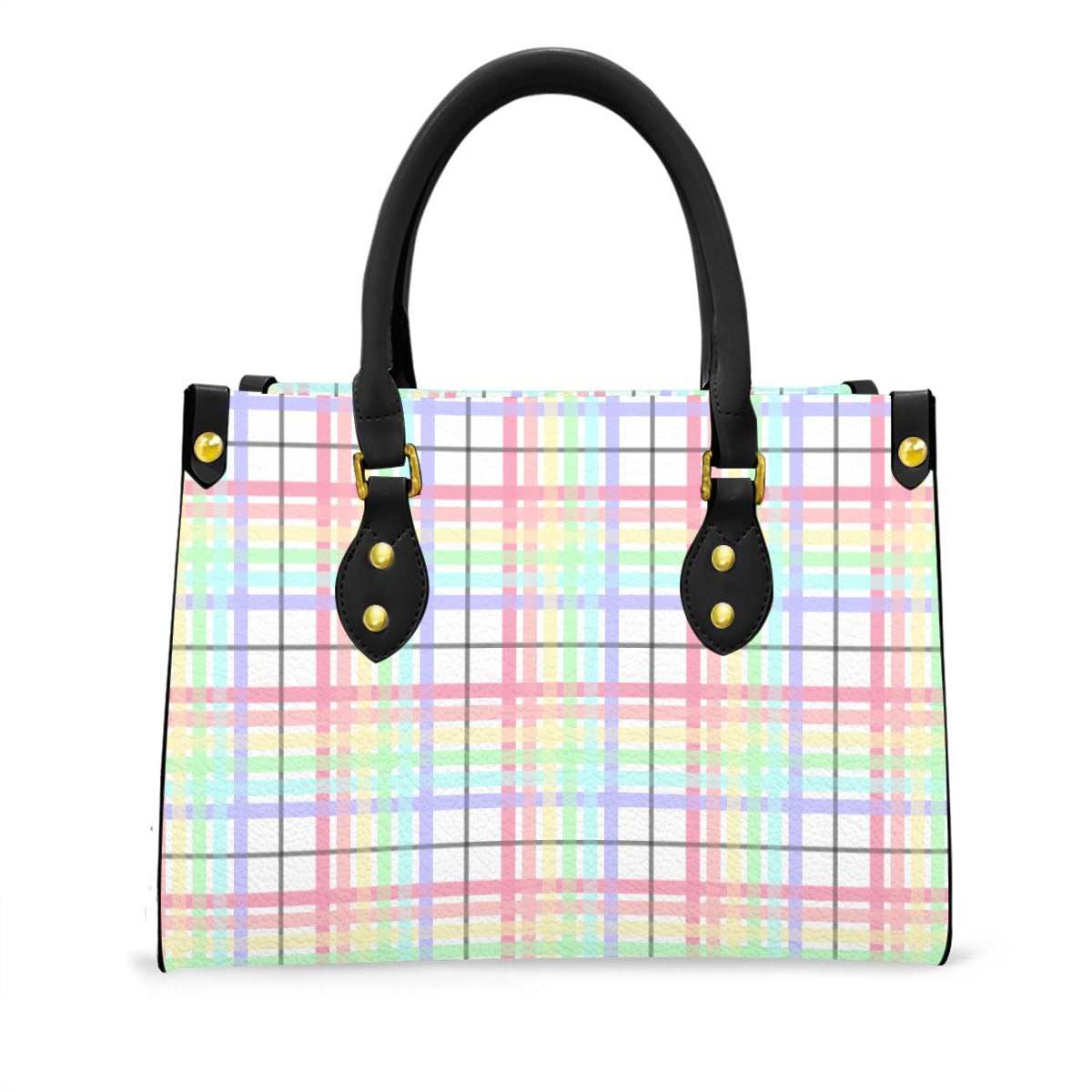 Pastel Rainbow/White Tartan Plaid Tote Bag with Black Handles and Zippered Pockets